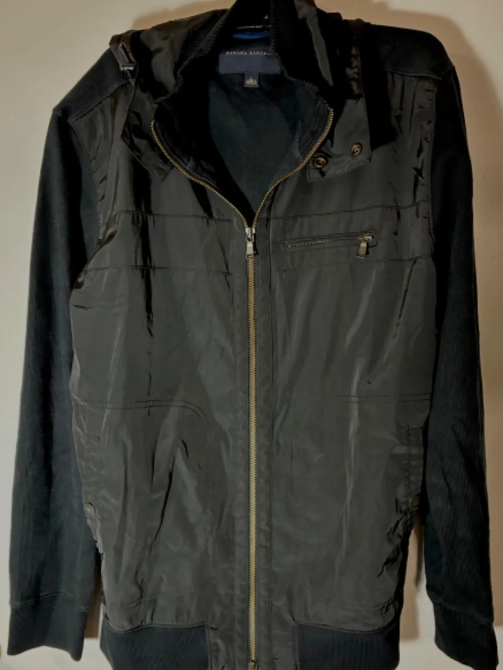 BANANA REPUBLIC MENS WINTER JACKET HOODIE BLACK FULL ZIP POCKETS SNAP SZ L KNIT